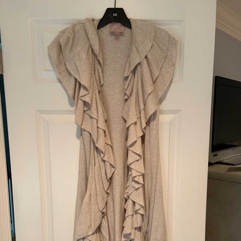 Long cardigan style sweater vest- ruffled collar